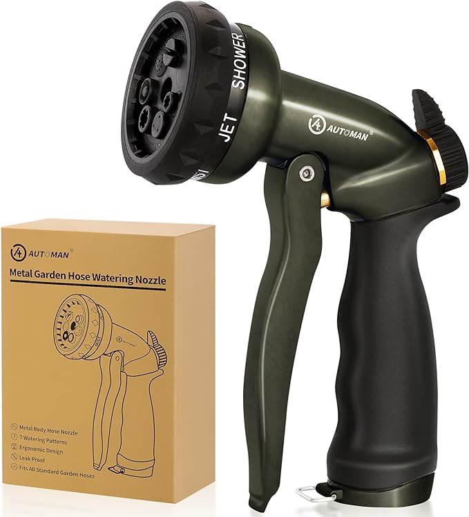 AUTOMAN Garden Hose Nozzle - 7 Patterns Sprayer, 100 Metal High Pressure Spray Nozzle, Labor-Saving Design, Heavy Duty Water Hose Nozzle for Garden Watering, Car Washing, Window Cleaning,Pets Bathing