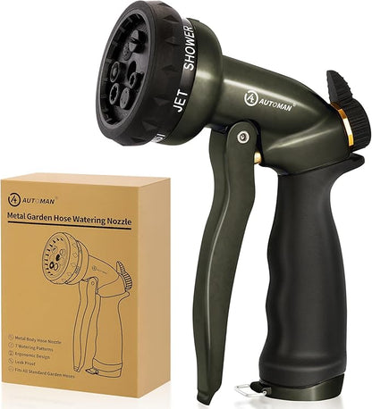 AUTOMAN Garden Hose Nozzle - 7 Patterns Sprayer, 100 Metal High Pressure Spray Nozzle, Labor-Saving Design, Heavy Duty Water Hose Nozzle for Garden Watering, Car Washing, Window Cleaning,Pets Bathing