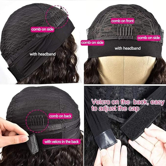 Deep Wave Headband Wig Human Hair 12 Inch Curly Headband Wigs for Black Women Human Hair Glueless None Lace Front Wigs Brazilian Virgin Hair Wig Machine Made 150 Density Natural Black Color