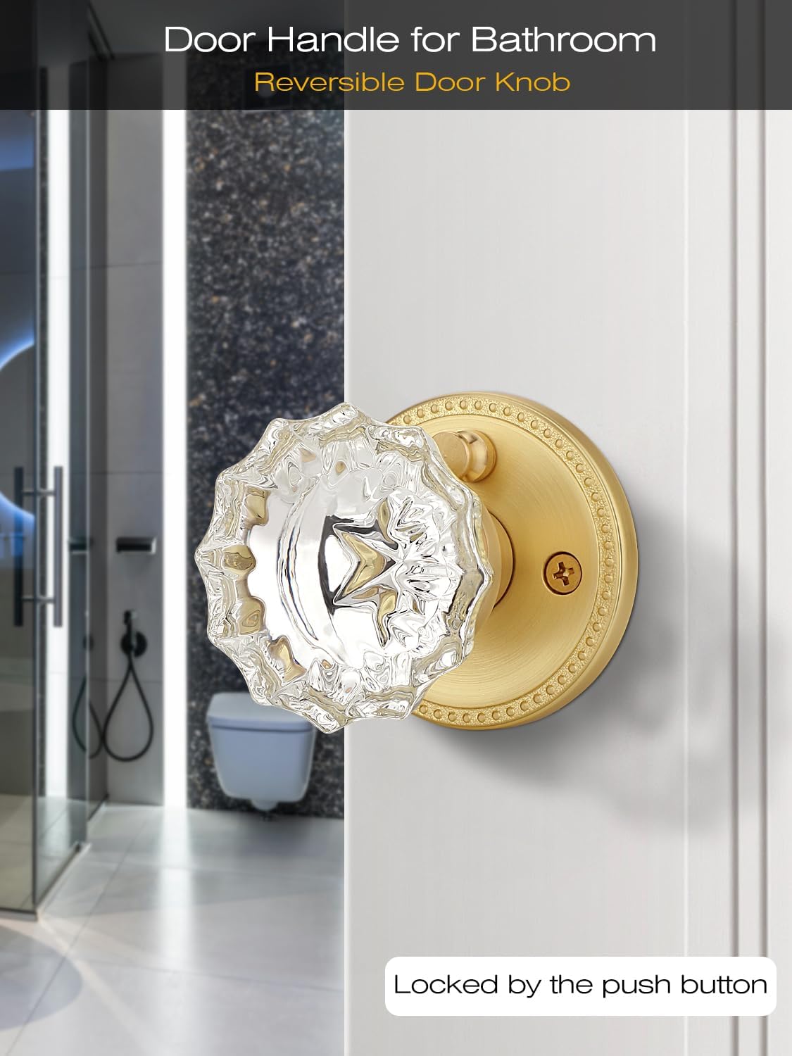 1 Pack Glass Door Knobs Interior, Door Locks for Bedroom, Bathroom Gold, Keyless Privacy Door Levers, Clear Crystal Door Knobs, Universal for Left & Right Sided Doors