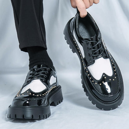Men's Patent Leather Platform Dress Shoes Classic Round Toe Thick Lug Sole Lace Up Oxfords Comfort Block Heel Derby Business Casual Shoes .