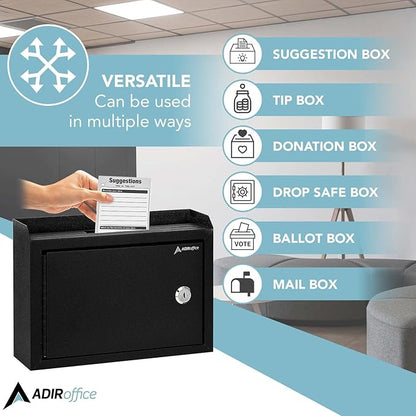 AdirCorp. Suggestion Box with Lock, Safe Wall Mounted Mail Box, Key Drop, Donation File and Money Organizer, 9.75x7x3 (Black)