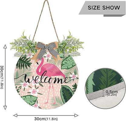 xigua Tropical Pink Flamingo Welcome Sign Front Door Decor, Outdoor Hanging Porch Wreath Interchangeable Seasonal Icons for Farmhouse Wall Home Holida