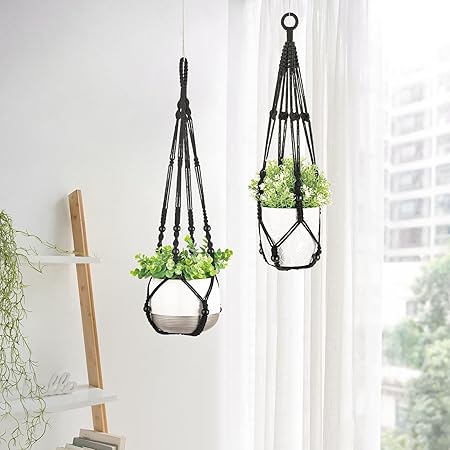 Mkono 3 Pack Macrame Plant Hangers Indoor Different Size Hanging Planter Basket Flower Pot Holder with Beads No Tassels 35"29"23", Medium, Black