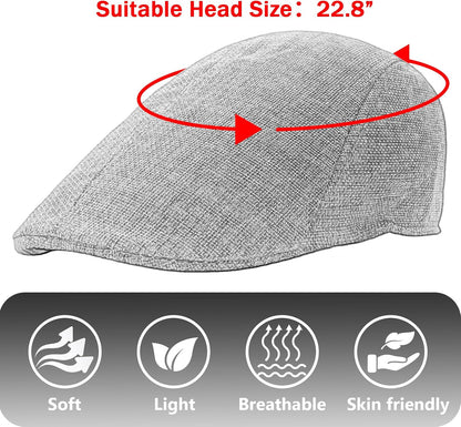 Men's Flat Cap Summer Straw Weave Linen-Like Cotton Newsboy Hats Breathable Gatsby Irish Cabbie Ivy Cap
