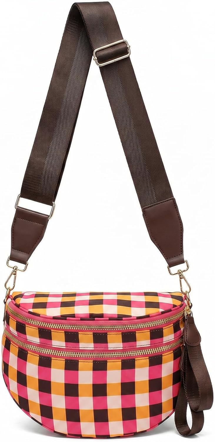 Checkered Crossbody Bag Nylon Bum Bags for Women Spacious Handbags Checkered Purse Fanny Packs with Shoulder Strap