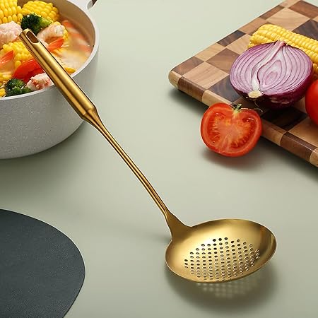 Gold Strainer Skimmer, Evanda Heavy Duty Golden Stainless Steel Heavy Duty Sturdy Kitchen Skimmer, Slotted Spoon, With Comfort Handle and Hanging Holes, Easy to Store and Dishwasher Safe