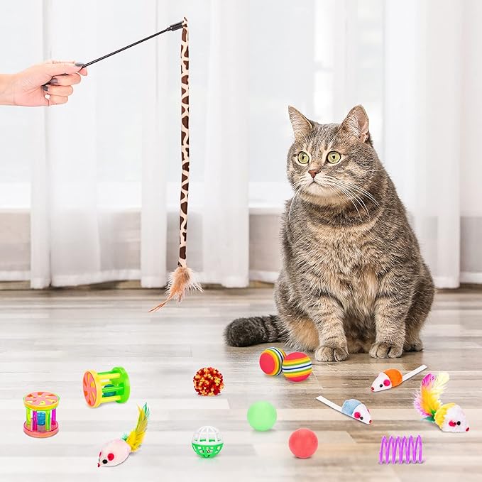 Retro Shaw 33 Pack Cat Toys, Interactive Indoor Cat Toys, Kitten with Folding Play Tunnel, Tent, Feather Wand, Teaser, Bell, Ball Springs