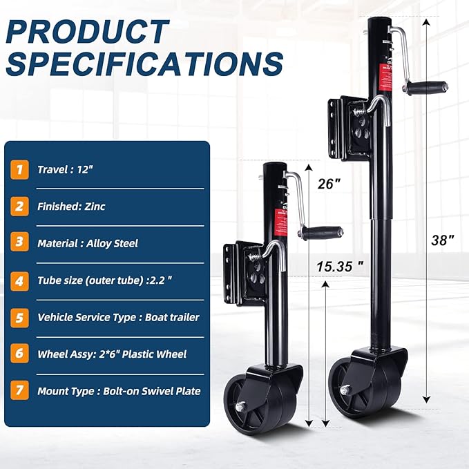 2000lbs Trailer Jack with Wheel, Heavy Duty Swivel Boat Trailer Jack, 12" Lift, for RV Boat