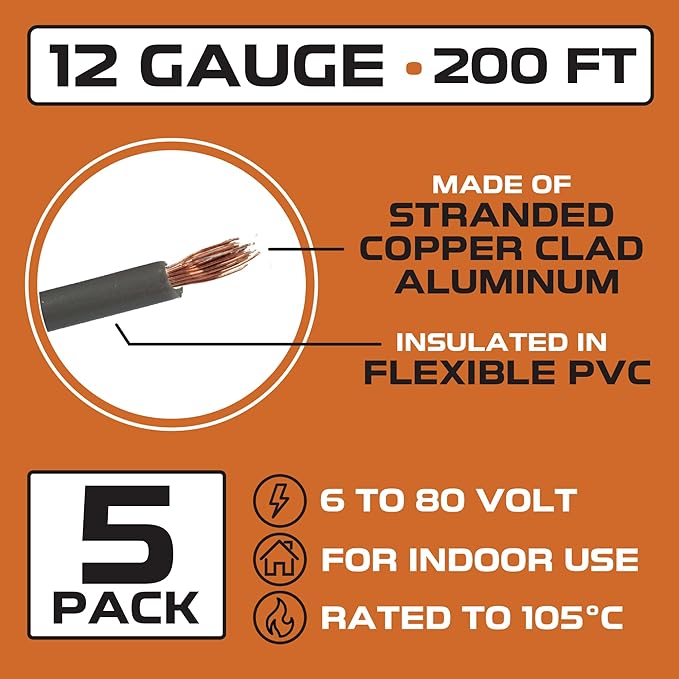 Iron Forge Cable 12 Gauge Primary Automotive Wire - 5 Roll Assortment Pack - 200 Ft of Copper Clad Aluminum Wire per Roll - for Home or Automotive