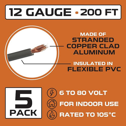 Iron Forge Cable 12 Gauge Primary Automotive Wire - 5 Roll Assortment Pack - 200 Ft of Copper Clad Aluminum Wire per Roll - for Home or Automotive