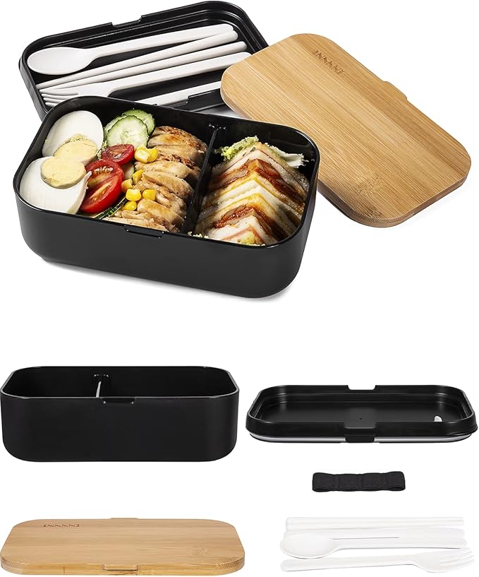 Bento Box Adult Lunch Box - 2 Stackable Containers, 68 oz Large, Natural Bamboo Lid, Microwave Safe, Dishwasher Safe, Bpa free, Gifts for Women
