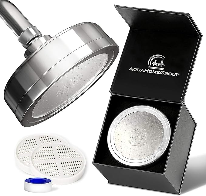 AquaHomeGroup Luxury Filtered Shower Head (Metal) - Vitamin CEA 5 Shower Caps - Reduses Chlorine Sediments - Consistent Water Pressure - Massage and SPA Effery Shower Head