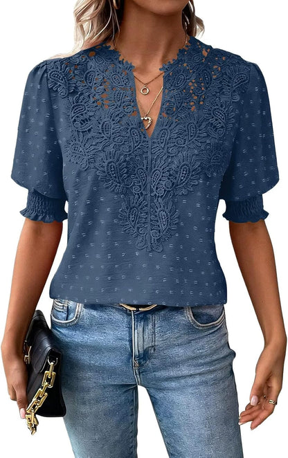 Falechay Womens Tops Swiss Dot Boho Short Sleeve Shirts V Neck Casual Chiffon Blouses Flowy Lace Cute Clothing Trendy 2026