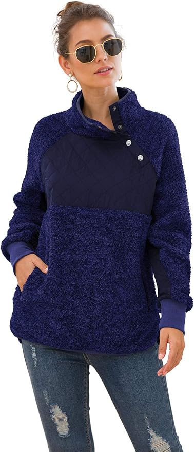 VIISHOW Women's Long Sleeves Quilt Coat Turtleneck Oblique Button Neck Fleece Pullover Coat Sweatshirts Outwear with Pocket