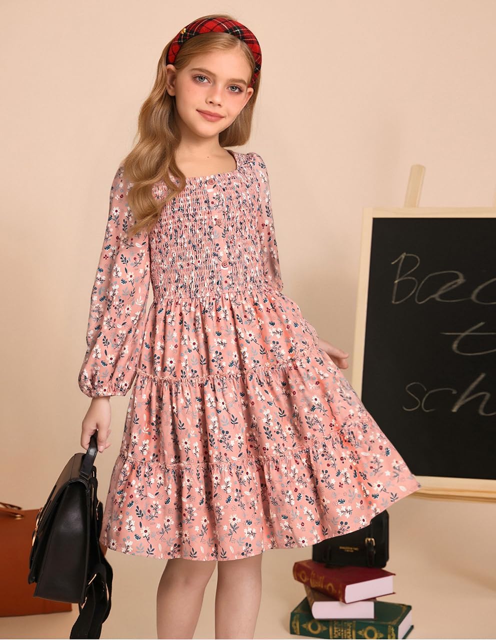GRACE KARIN Girls Fall Long Sleeve Floral Christmas Teen Dress Size 6-14 | Suitable for Thanksgiving Casual Winter Holiday Party Flower School,Smocked,Midi,Fancy,Buttons,Ruffles,Tiered,Tween,Kids.