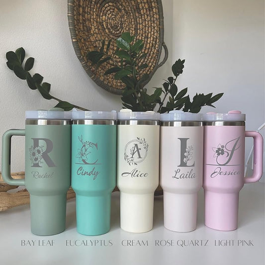 Personalized 40 oz Tumbler With Engraved Name, Custom Monogrammed Initial Thermos With Handle, Customized Birthday Gift Cup For Women, Bridesmaid Coffee Mug With Straw