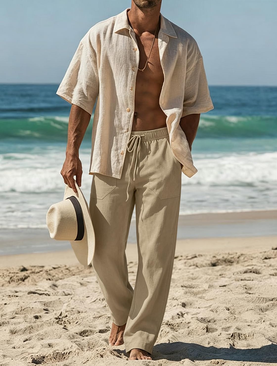 Puimentiua Cotton Linen Pants Men Casual Loose Fit Elastic Drawstring Waist Summer Beach Pants