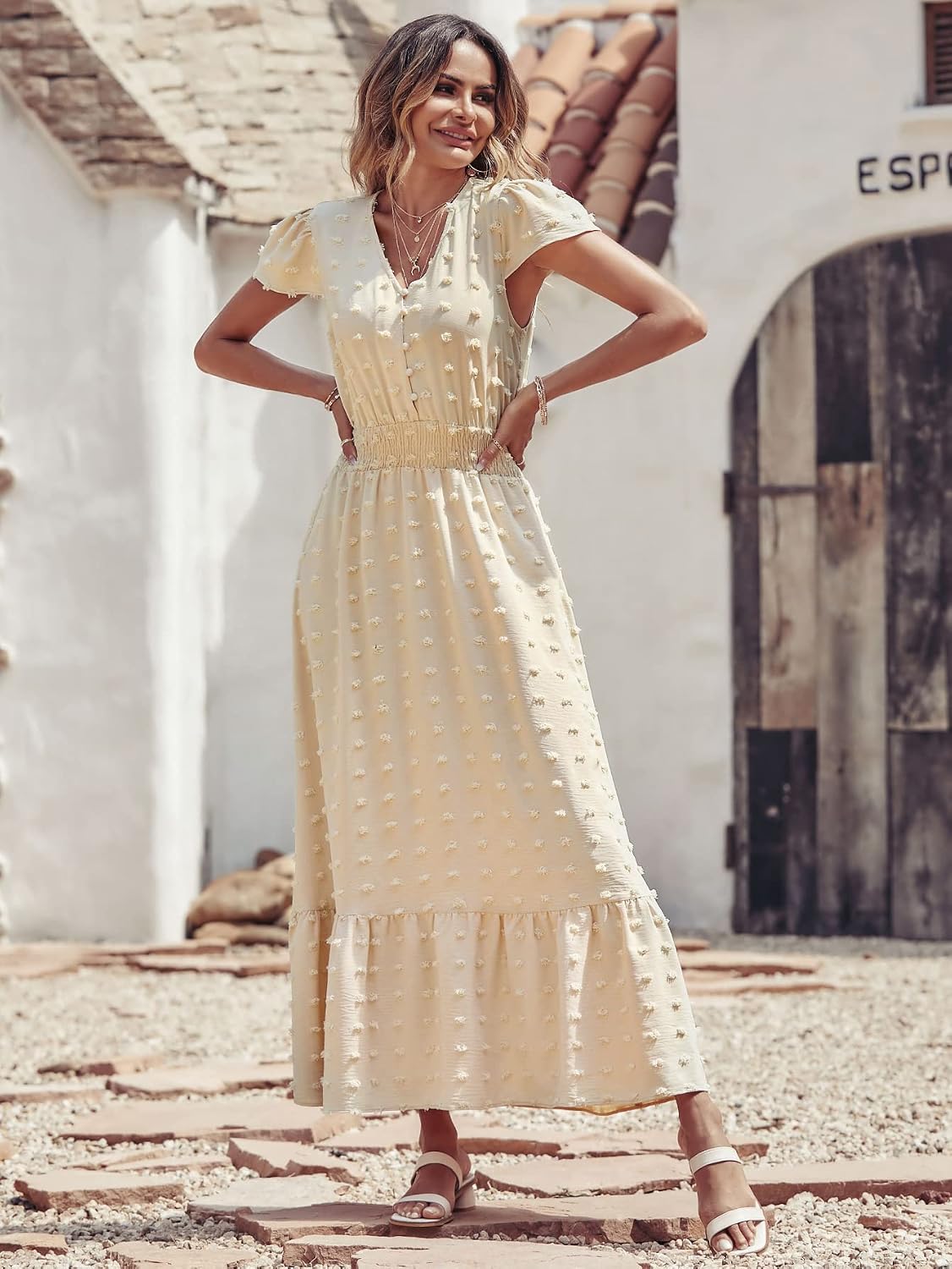 PRETTYGARDEN Womens Dresses 2025 Summer Maxi Dress Boho Short Sleeve V Neck Swiss Dot Ruffle Tiered Smocked Flowy Long Dress