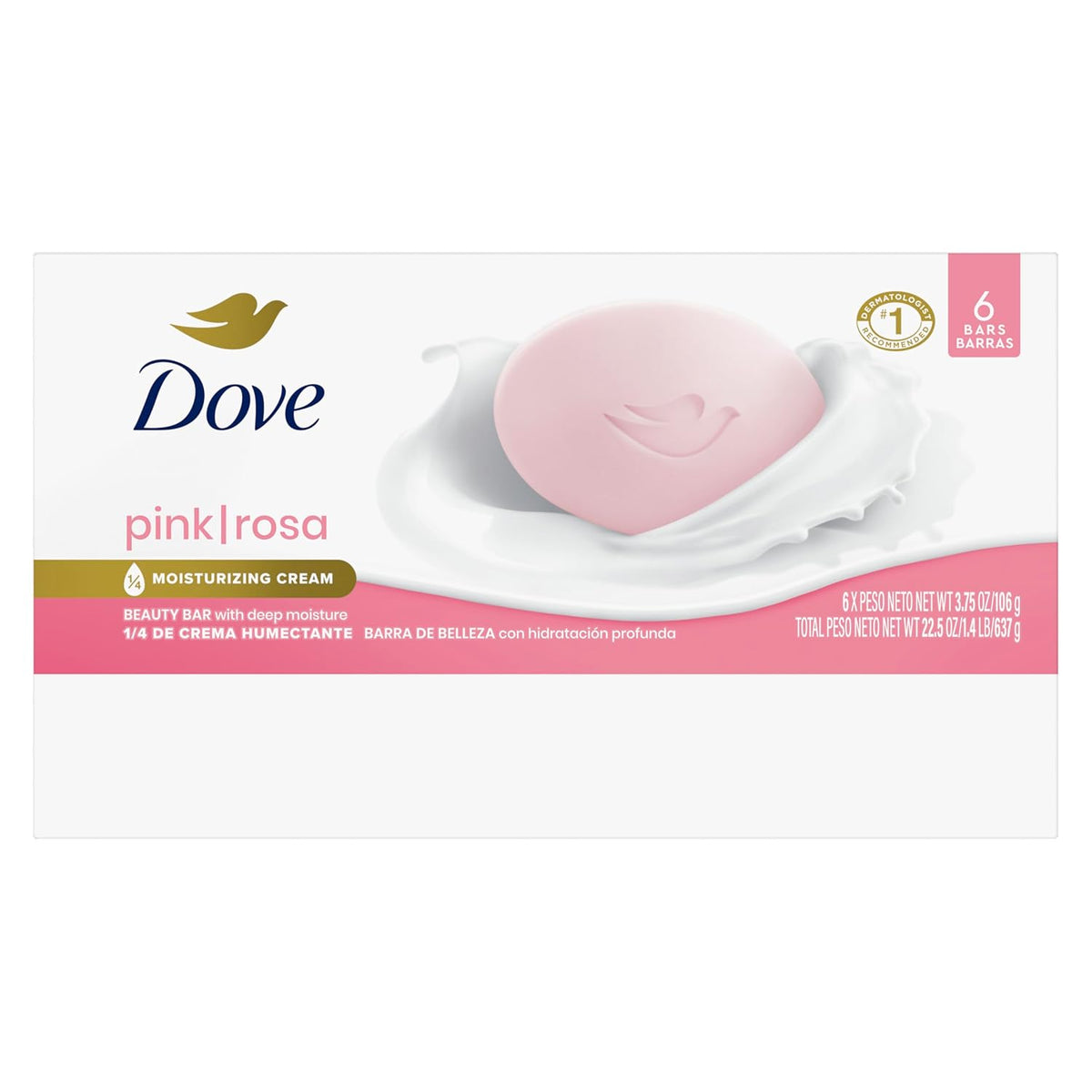 Dove Beauty Bar Soap Pink Rosa, for Soft, Smooth Skin, 6 Bars 3.75 oz For face, body & hands, Helps cleanse without dryness, With 1/4 moisturizing cream, Sulfate-free