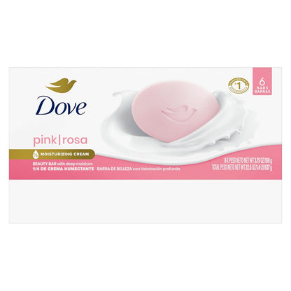 Dove Beauty Bar Soap Pink Rosa, for Soft, Smooth Skin, 6 Bars 3.75 oz For face, body & hands, Helps cleanse without dryness, With 1/4 moisturizing cream, Sulfate-free