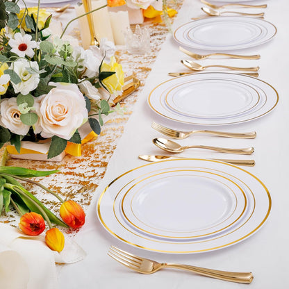 Gold Plastic Plates, MCIRCO 50 Pieces Disposable Party Plates for Weddings, Premium Gold Rim Plates, Include 25 10.25 Inch Dinner Plates and 25 - 7.5 Inch Dessert Appetizer Plates