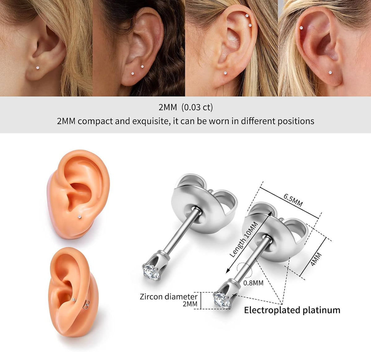 Stud Earrings for Women, 20G Hypoallergenic Surgical Steel Cubic Zirconia Earrings CZ Earrings ( 10 )