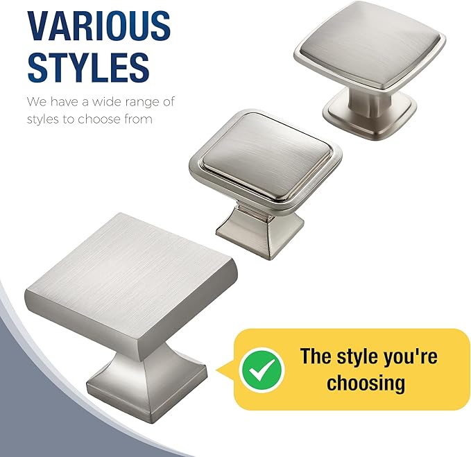 JOY DECOR 5 Pack Brushed Nickel Square Cabinet Knob Kitchen Cabinet Knobs Single Hole Knobs for Cabinets and Drawers Brushed Nickel Door Knobs