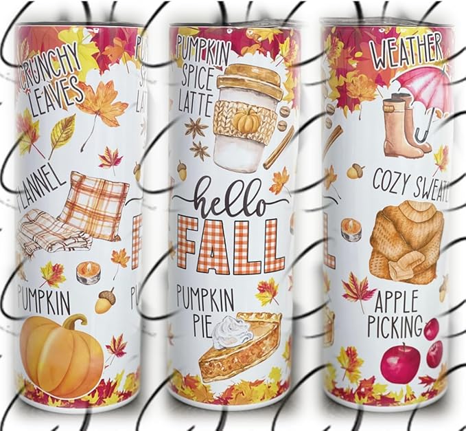 Fall Themed Insulated Tumbler Cups with Straws, 20 oz, Pumpkin Spice Latte, Crunchy Leaves, Weather, Flannel, Pumpkin Pie, Apple Picking