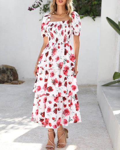 BTFBM Womens Square Neck Smocked Dress Summer Puff Short Sleeve Floral Casual Ruffle Tiered Maxi Wedding Guest Dresses