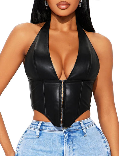 TZLDN Sexy Leather Tops for Women PU Halter Y2k Backless Asymmetrical Going Out Crop Tank Tops Corset Concert Club Outfits
