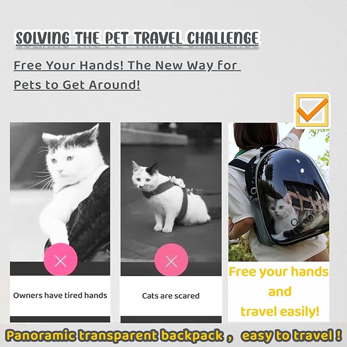 Cat Backpack Bubble, Cats and Dogs Pet Carrier Hard, Suitable for Cats Traveling Cat Bag Carrier, Transparent Outdoor Waterproof Spacecraft Pet Backpack Carrier(Black)