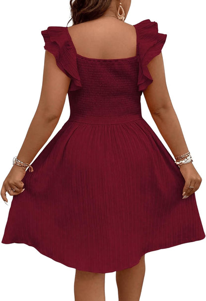 Floerns Women's Plus Size Wrap Front Sweetheart Neck Ruffle Cap Sleeve A Line Dress.