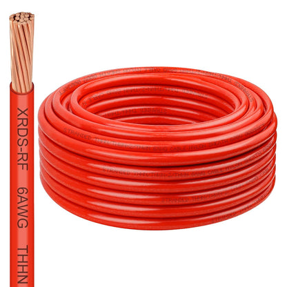 6 Gauge THHN Wire, 50FT Red Stranded Copper Electrical Wire, 600V, Heat & Oil Resistant, Nylon Sheath Building Wire for Indoor/Outdoor Use
