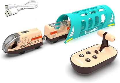 This motorized train set with remote control, tunnel, and realistic sound effects is compatible with popular wooden track brands like Thomas and Brio.