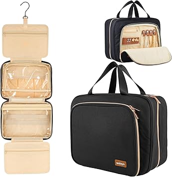 Travel Toiletry Bag, Large Toiletry Bag for Women with Jewelry Organizer Compartment Makeup Bag, Water-resistant Hanging Toiletry Bag for Travel Business Trips and Camping, Black