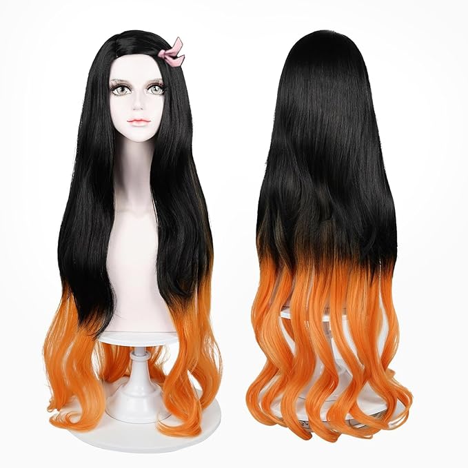 LABEAUTa Nezuko Cosplay Wig for Anime Black Orange Wig, Women Adult Long Halloween Character Costume Wigs Cosplay Clothes for Demon Slayer