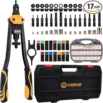 VIGRUE 16'' Rivet Nut Tool Kit Nutserts Rivnut Hand Tool Set with 15PCS Metric  SAE Mandrels and 300PCS Rivet Nuts Assortment