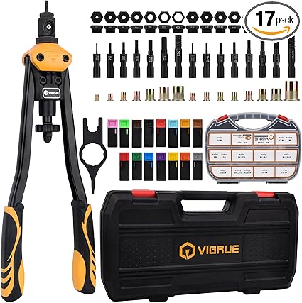 VIGRUE 16'' Rivet Nut Tool Kit Nutserts Rivnut Hand Tool Set with 15PCS Metric  SAE Mandrels and 300PCS Rivet Nuts Assortment