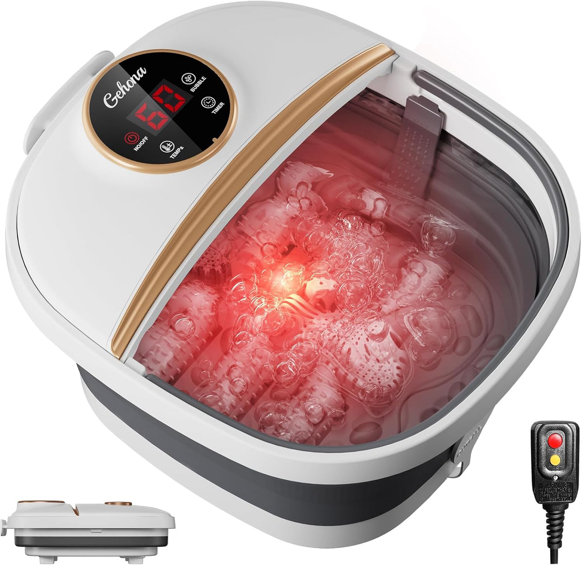 GEHONA Collapsible Foot Spa Bath with Heat,Foot Massager with Two Side Supports,Leakage Protector,Temperature Control,Bubbles,Red Light,Timer, Feet Spa Tub,Feet Soaker,Gifts (Beige)