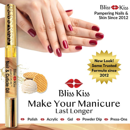 Bliss Kiss | 3 Vanilla Fragrance Nail Oil Cuticle Pens w/Vitamin E & Jojoba?Nail Strengthener Nail Growth Serum for Brittle Peeling Breaking Thin