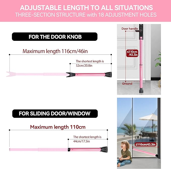 AceMining Upgraded Door Security Bar  Sliding Patio Bar, Heavy Duty Stoppers Adjustable Jammer for Home, Apartment, Travel (1 Pack,Pink)