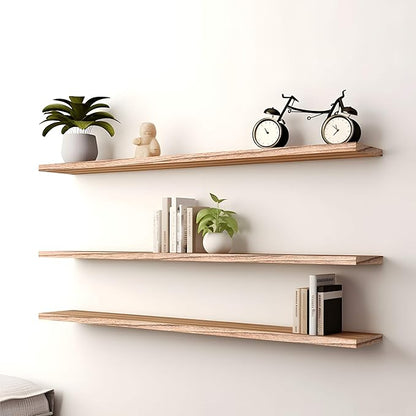 PHPH 48 Inch Wood Floating Shelves for Wall, Wooden Wall Shelves for Bedroom, Set of 4 Light Brown