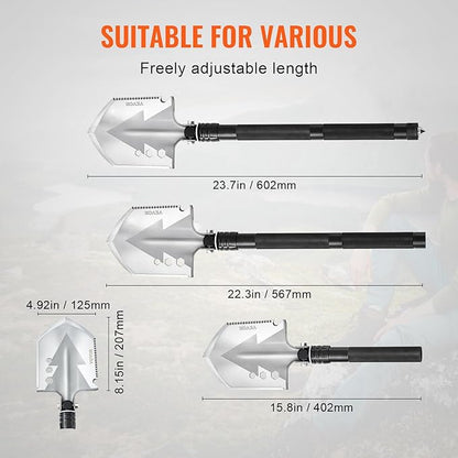 VEVOR Survival Shovel - 8 in 1 Camping Shovel Folding Multitool, Military Grade Portable Compact Tactical Shovel, Multifunction for Off-Roading, Camping, Hiking, Outdoor, Survivalist and Emergency