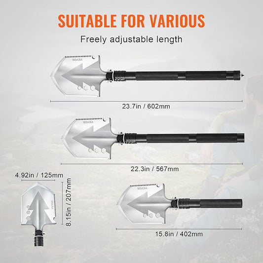 VEVOR Survival Shovel - 8 in 1 Camping Shovel Folding Multitool, Military Grade Portable Compact Tactical Shovel, Multifunction for Off-Roading, Camping, Hiking, Outdoor, Survivalist and Emergency