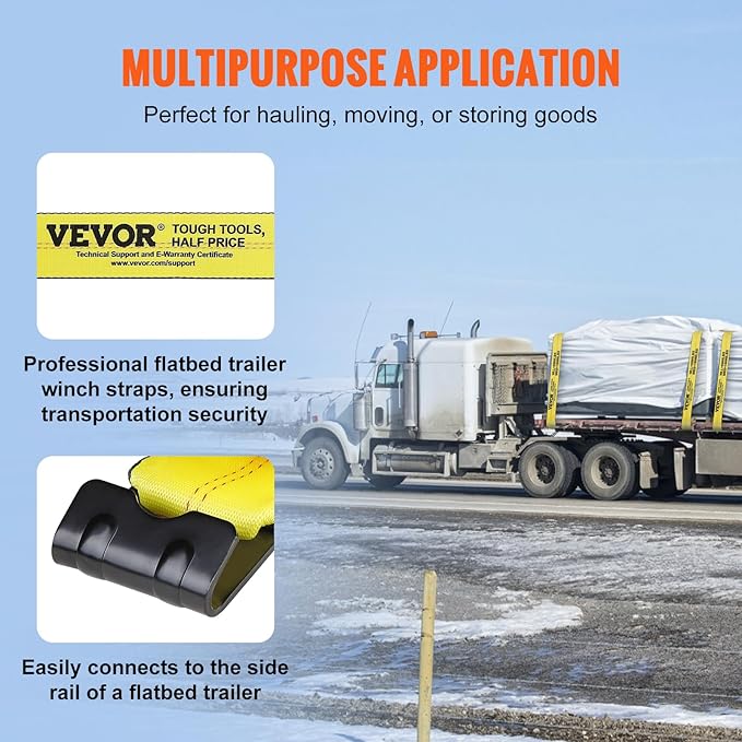 VEVOR Truck Straps, 4" x 30' Heavy Duty Tie Down w/Flat Hooks 18,000lbs Break Strength, WLL# 6000lbs, Cargo Straps tie Down for Flatbeds, Trucks, Trailers, Farms, Rescues, Tree Saver, Yellow(4 Pack)