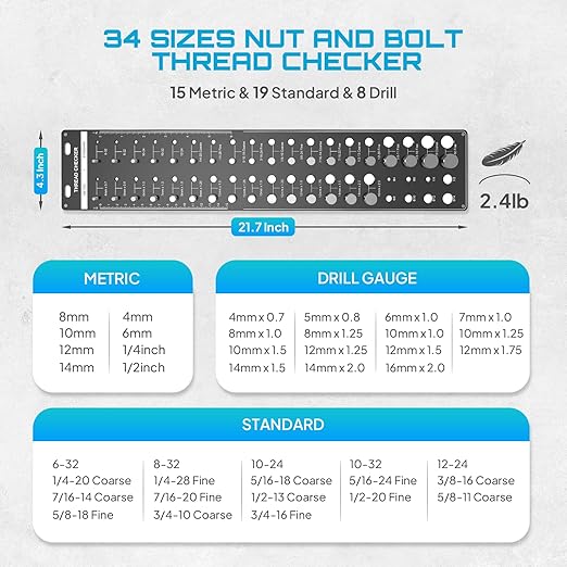 SEESII 34 Thread Checker, Nut and Bolt Thread Identifier Gauge: Precision Engineered with 15 Metric, 19 Standard  8 Drill Sizes for Accurate Measurement - Bolt Size Finder Tool for DIY Enthusiasts
