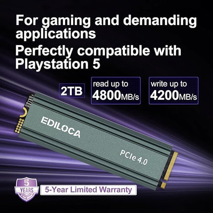 2TB M2 NVME SSD with Heatsink - PCIe Gen4.0 NVMe M.2 2280 3D NAND TLC, 4800MB/s Read, Internal Solid State Drive for PS5/PC, Dynamic SLC Cache, PS5 Storage Expansion, 5-Year Warranty(EN760)