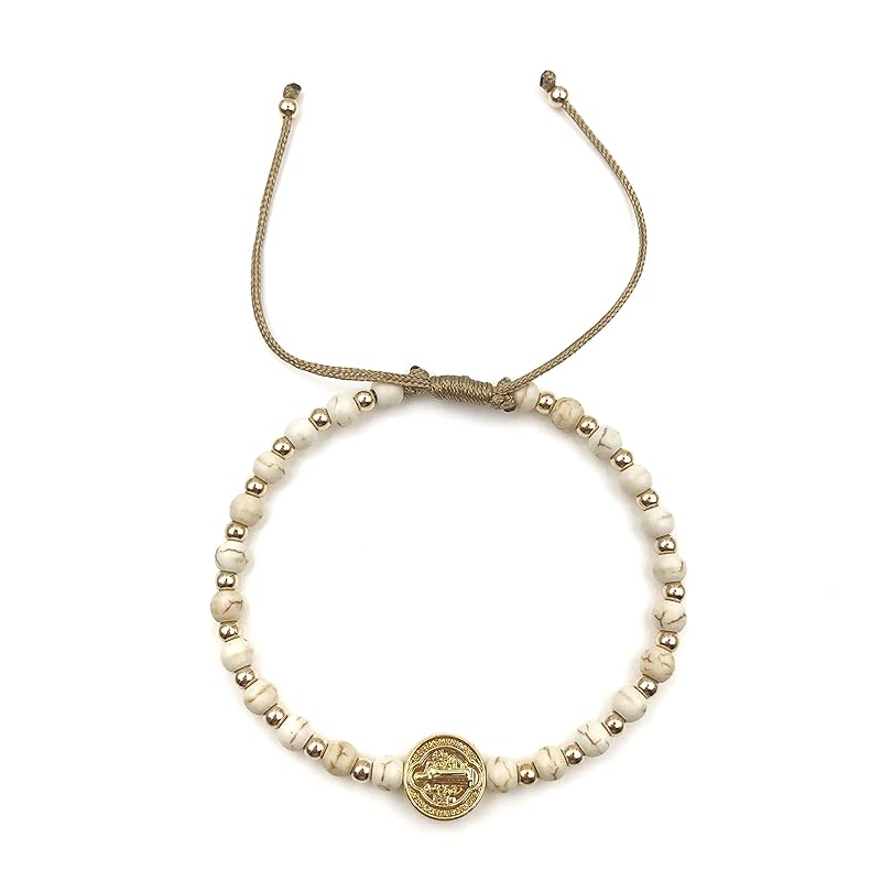 St Benedict Coin and Natural Round White Turquoise Beads Adjustable Bracelet for Women (Beige)