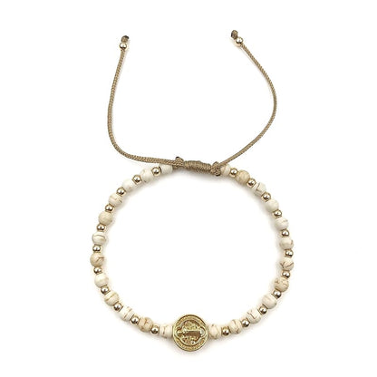 St Benedict Coin and Natural Round White Turquoise Beads Adjustable Bracelet for Women (Beige)